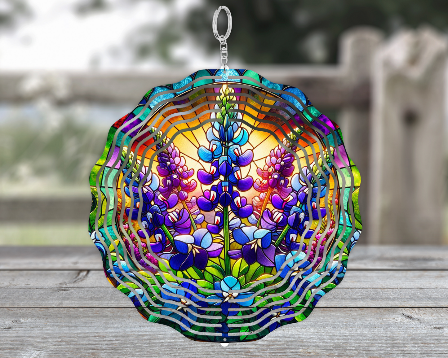 Vibrant 3D Texas Blue Bonnets Sunset Spinners Faux Stained Glass