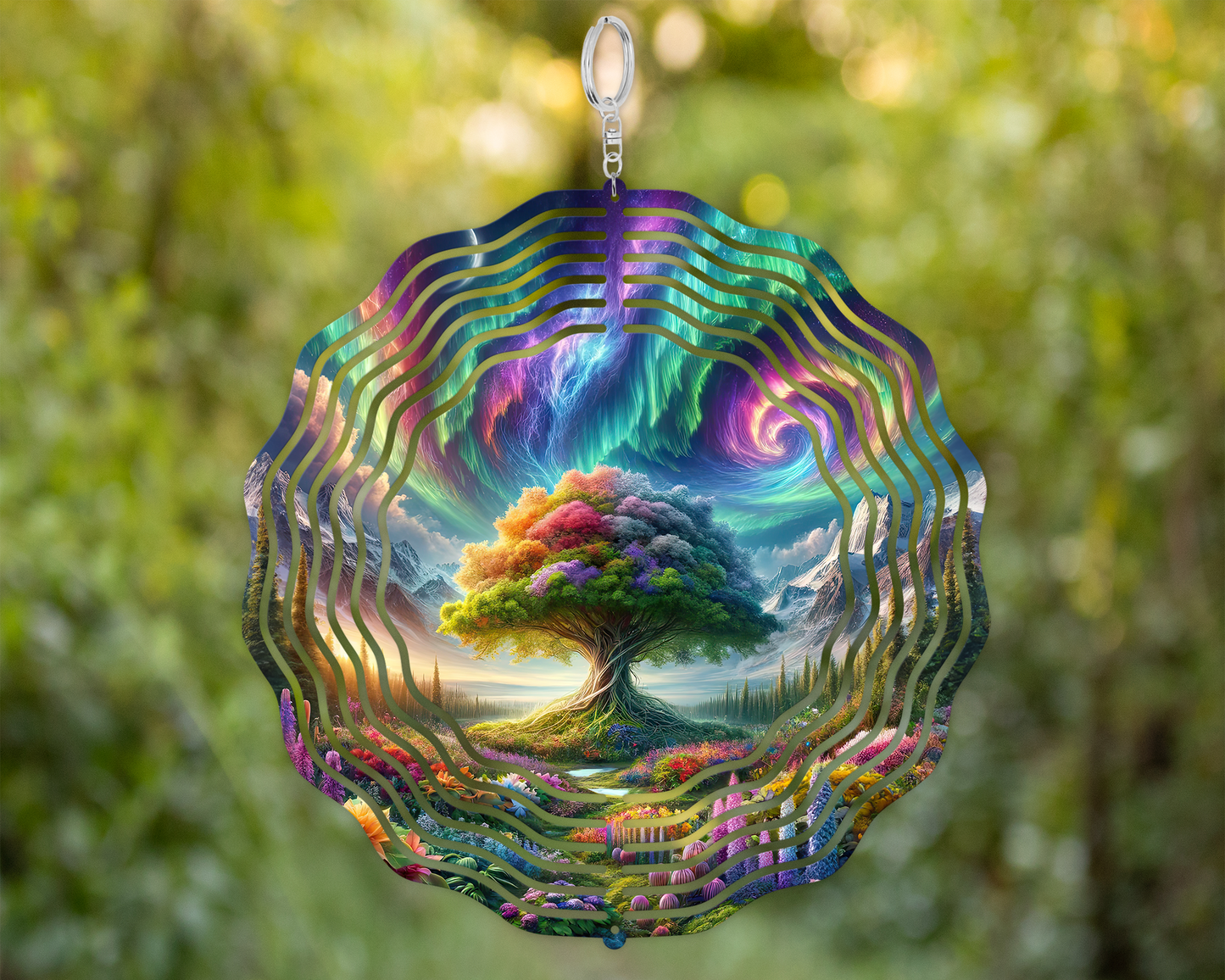 Tree of Life Wind Spinner with Northern Lights Design for Rustic Mountain Decor