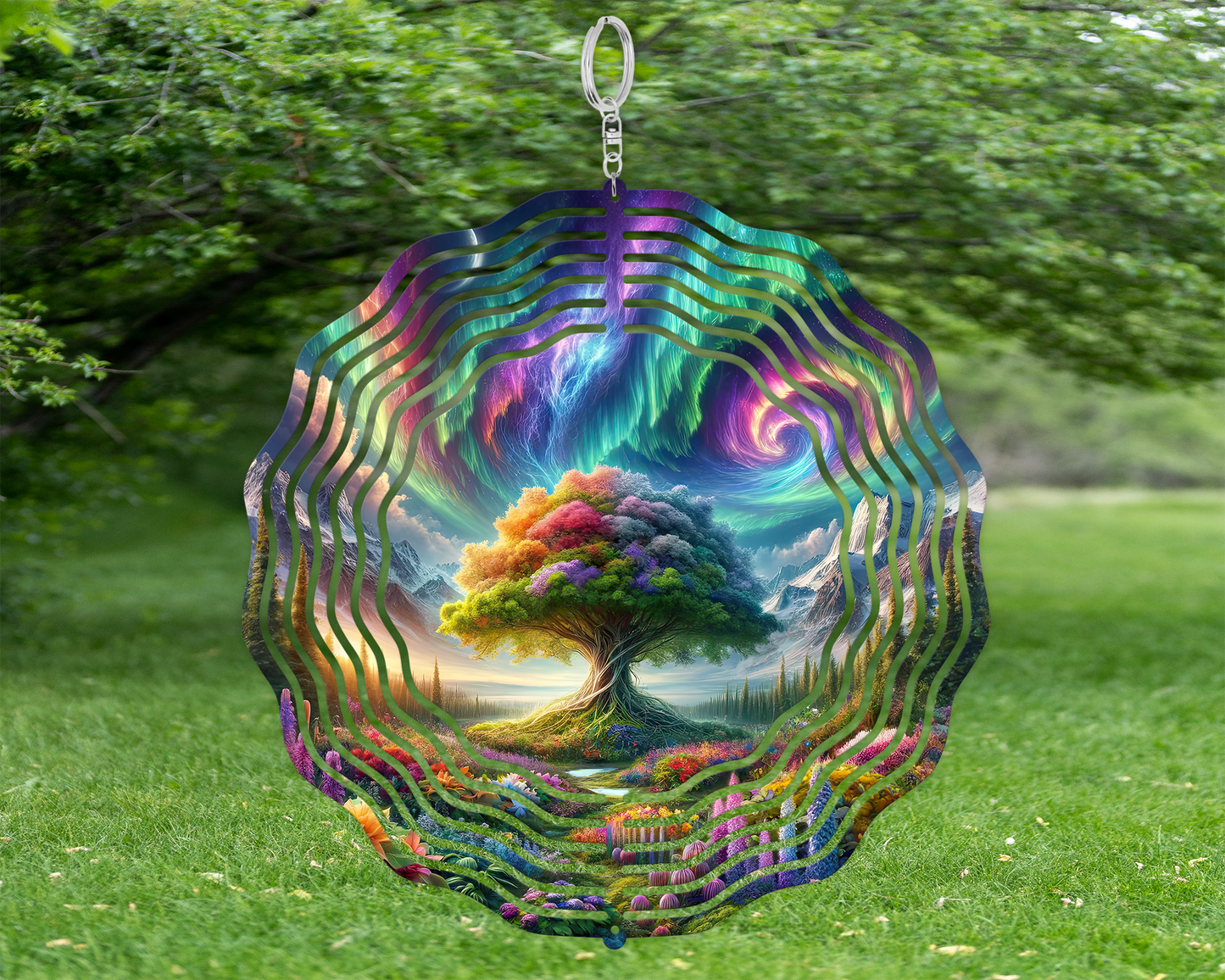 Tree of Life Wind Spinner with Northern Lights Design for Rustic Mountain Decor
