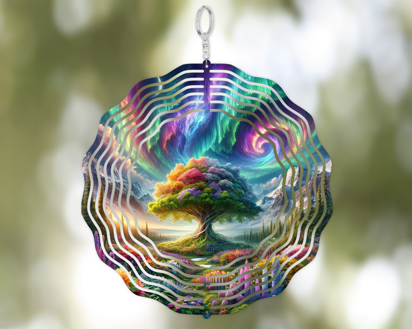 Tree of Life Wind Spinner with Northern Lights Design for Rustic Mountain Decor