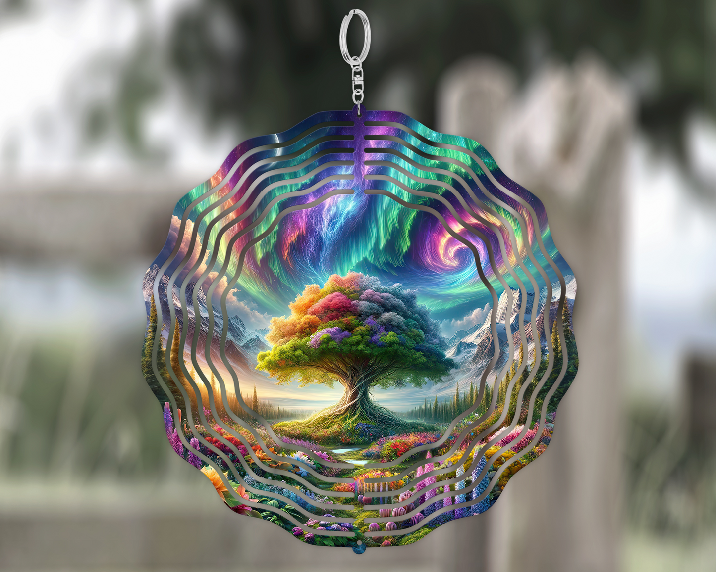 Tree of Life Wind Spinner with Northern Lights Design for Rustic Mountain Decor