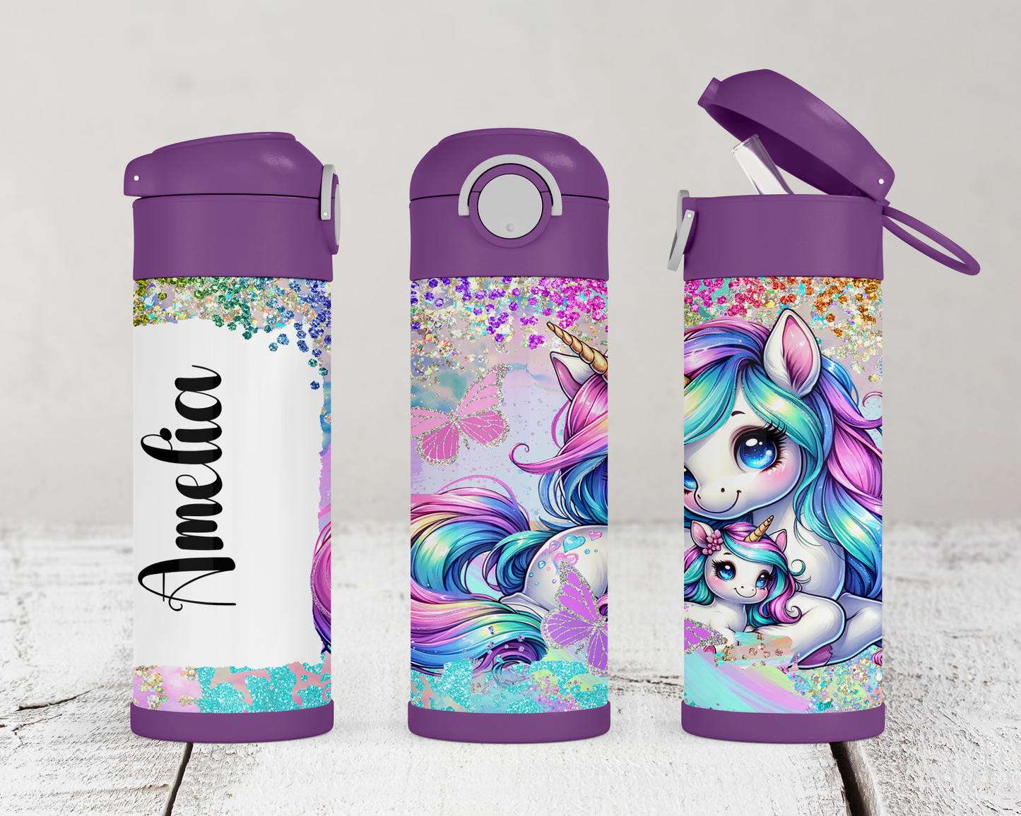 Personalized Unicorn Kids Tumbler - 12oz Flip Top Water Bottle for School Birthdays