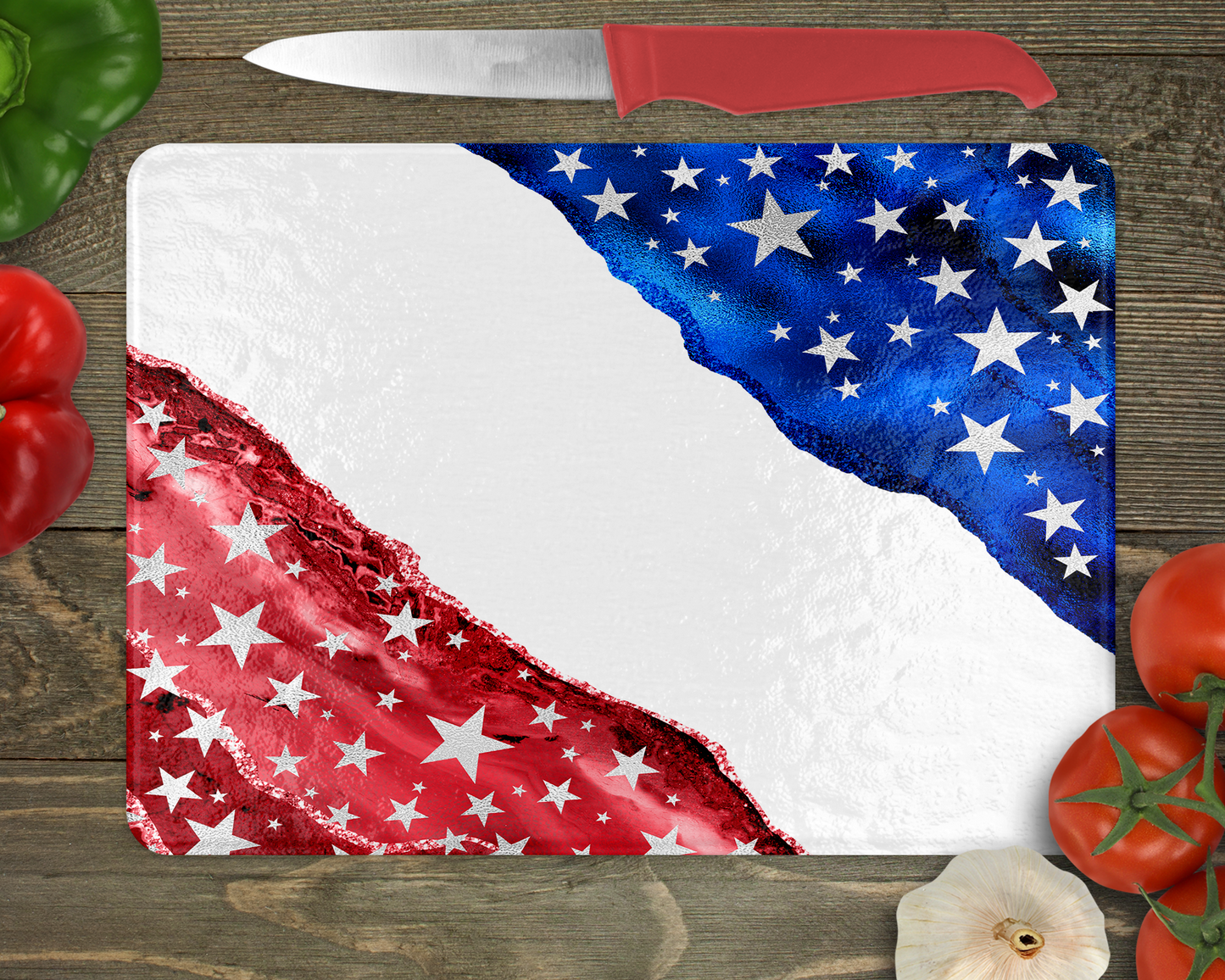 Patriotic Agate Glass Cutting Board - Red White Blue Kitchen Decor