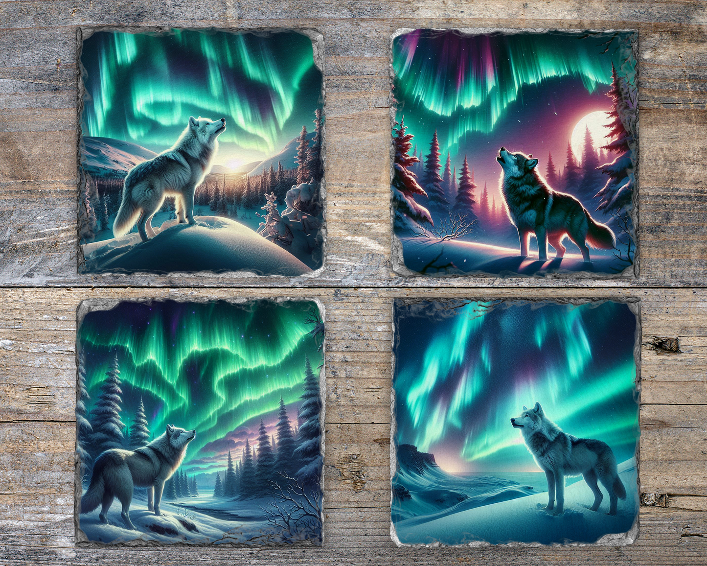 Winter Forest Wolf Coaster Set - Northern Lights Slate Coasters for Wolf Lovers - Unique Gift Idea Pack of 4