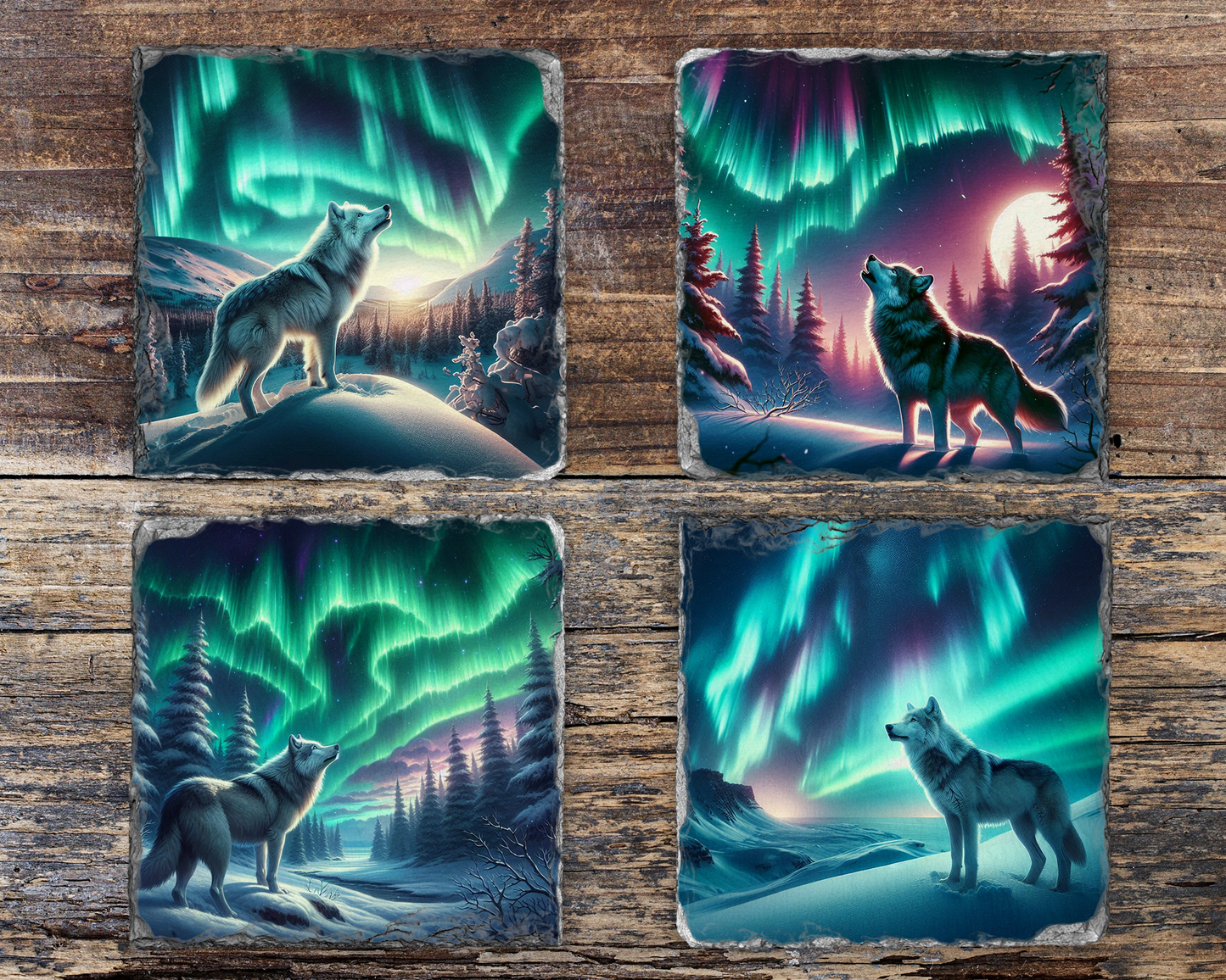 Winter Forest Wolf Coaster Set - Northern Lights Slate Coasters for Wolf Lovers - Unique Gift Idea Pack of 4