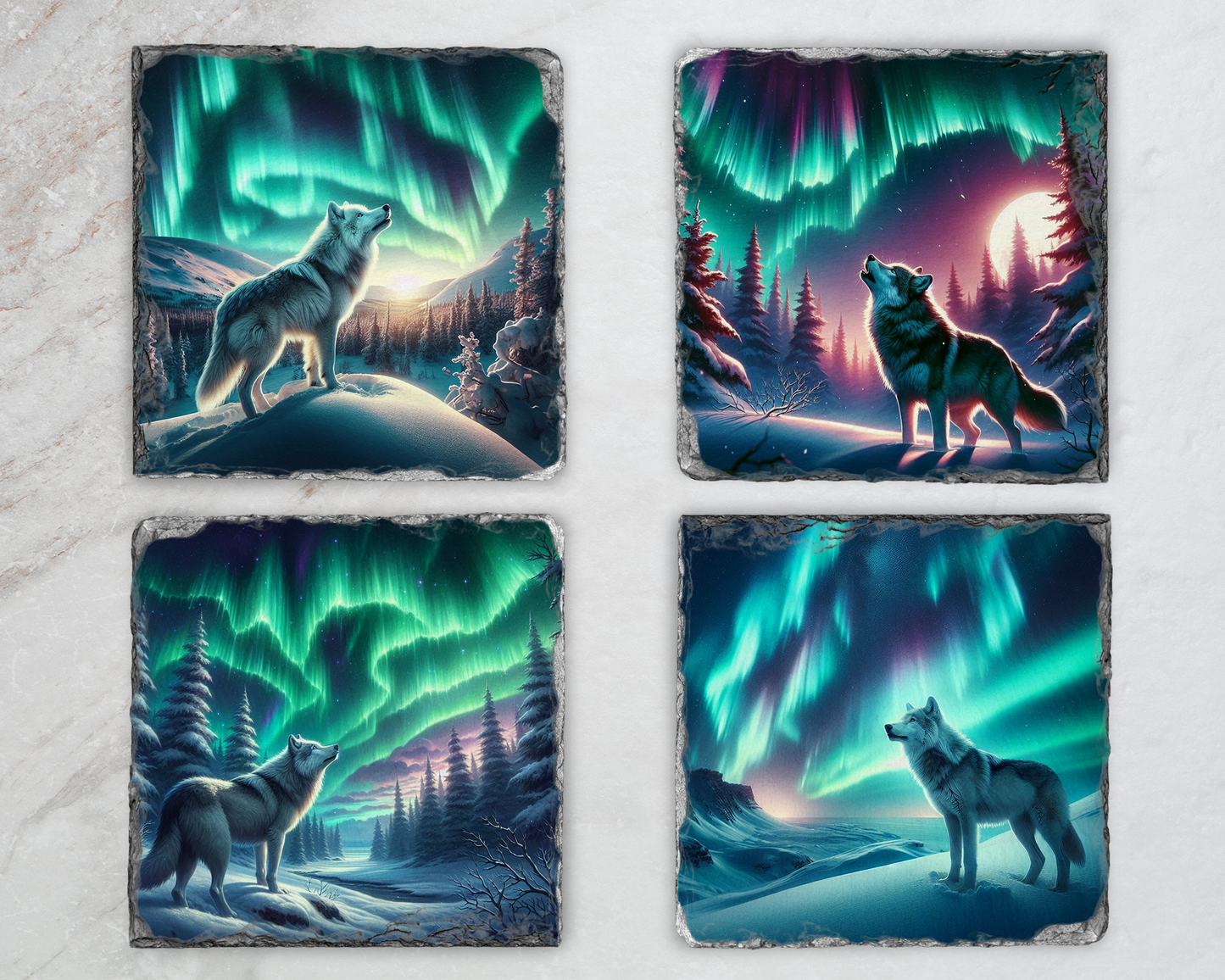 Winter Forest Wolf Coaster Set - Northern Lights Slate Coasters for Wolf Lovers - Unique Gift Idea Pack of 4