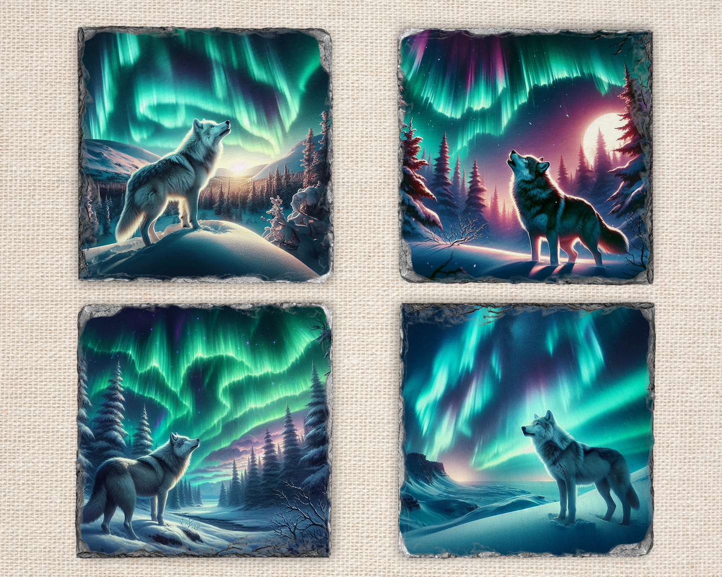 Winter Forest Wolf Coaster Set - Northern Lights Slate Coasters for Wolf Lovers - Unique Gift Idea Pack of 4