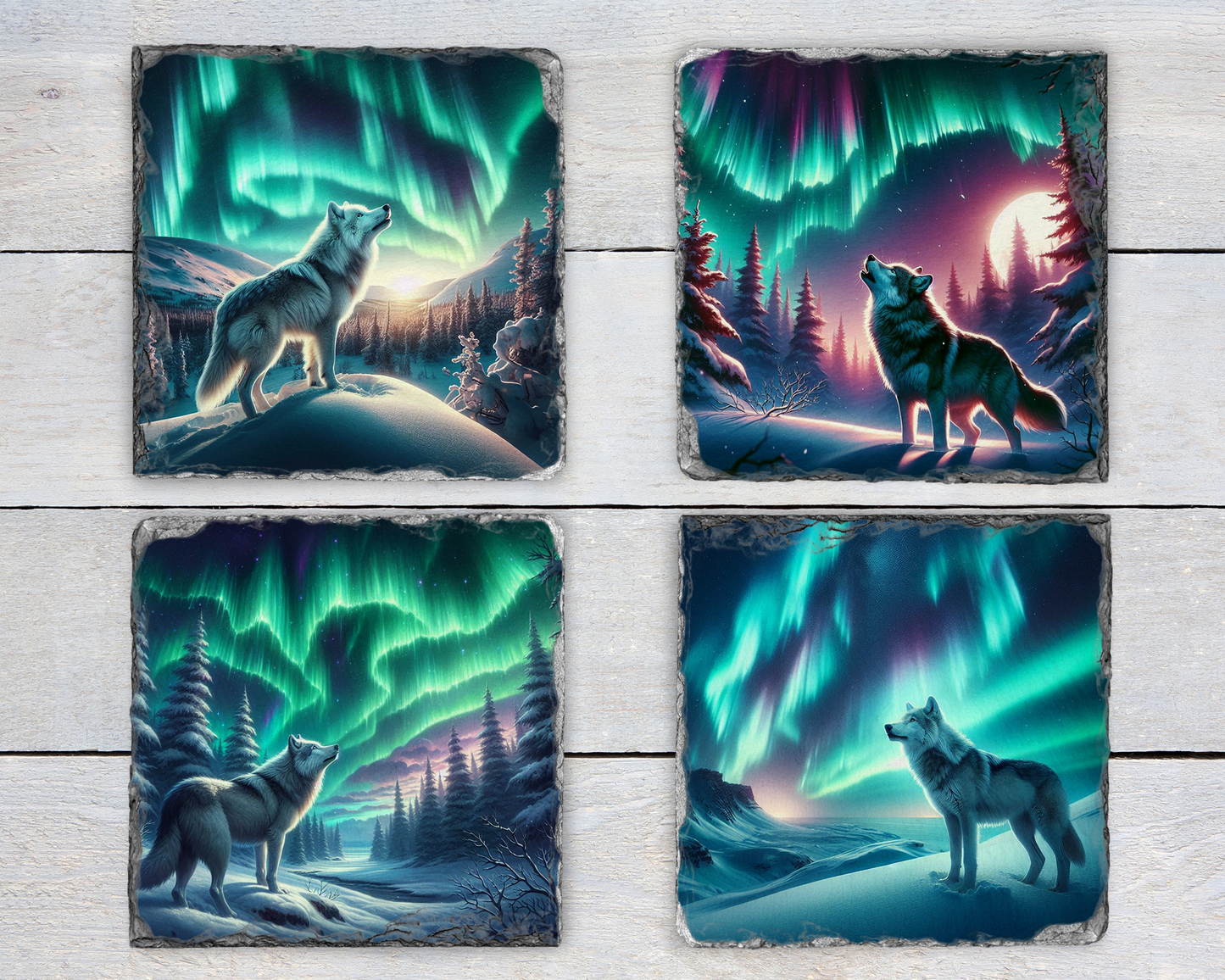 Winter Forest Wolf Coaster Set - Northern Lights Slate Coasters for Wolf Lovers - Unique Gift Idea Pack of 4