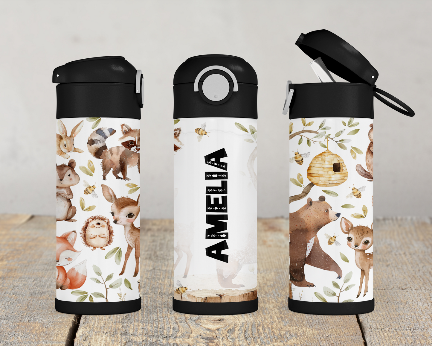 Personalized Woodland Theme Kids Water Bottle - 12oz Flip Top Hydration Bottle for School and On-the-Go Use