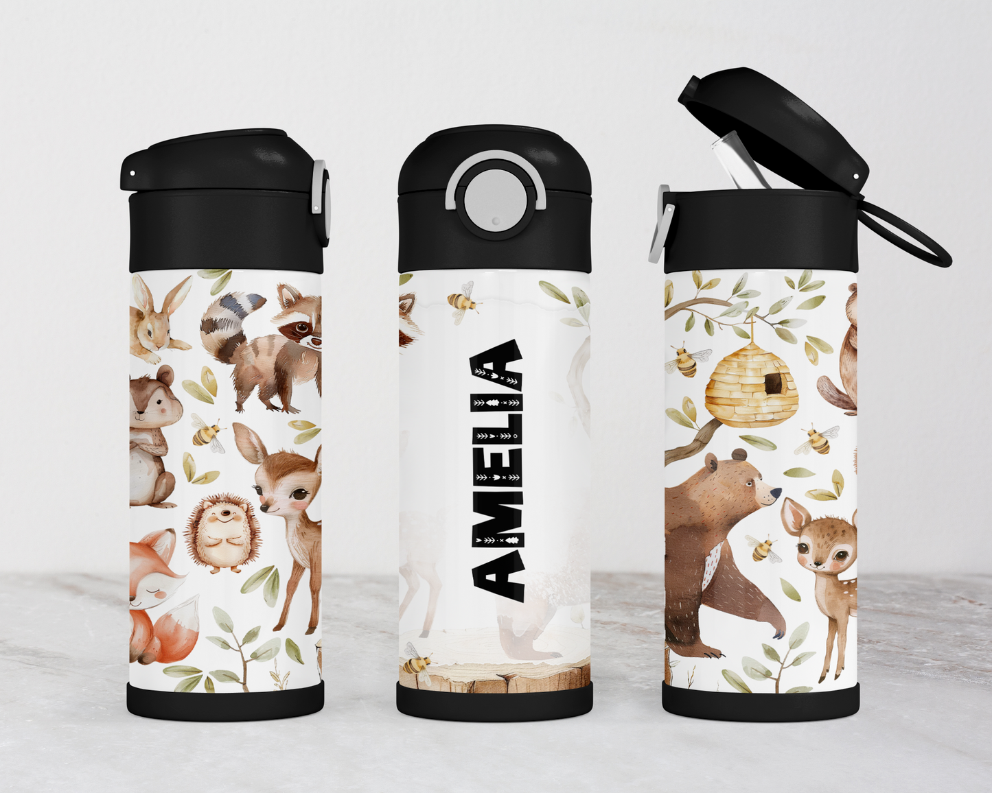 Personalized Woodland Theme Kids Water Bottle - 12oz Flip Top Hydration Bottle for School and On-the-Go Use