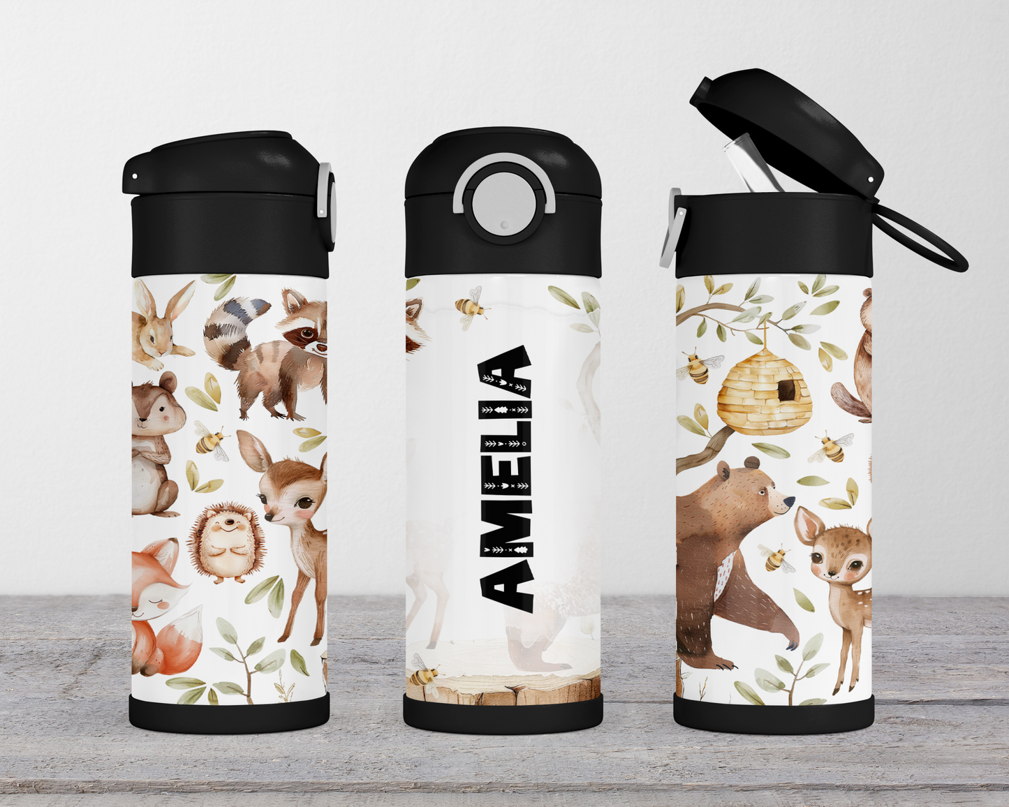 Personalized Woodland Theme Kids Water Bottle - 12oz Flip Top Hydration Bottle for School and On-the-Go Use