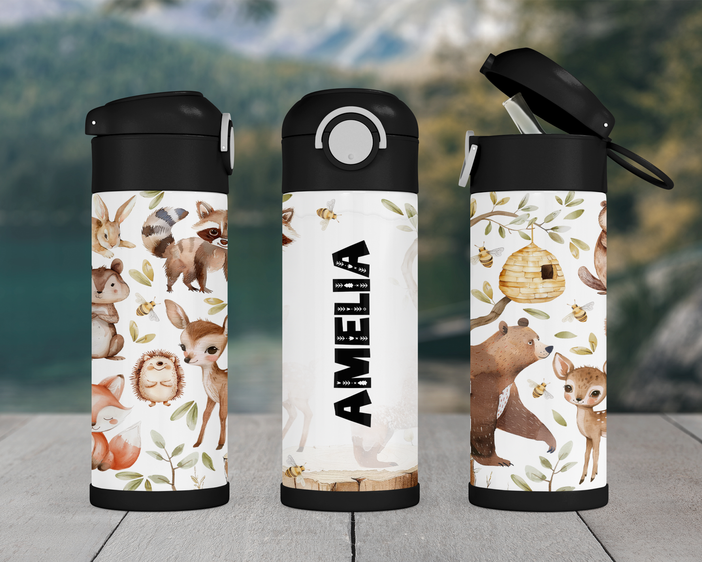 Personalized Woodland Theme Kids Water Bottle - 12oz Flip Top Hydration Bottle for School and On-the-Go Use