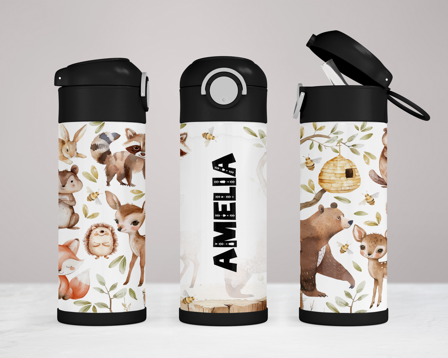 Personalized Woodland Theme Kids Water Bottle - 12oz Flip Top Hydration Bottle for School and On-the-Go Use