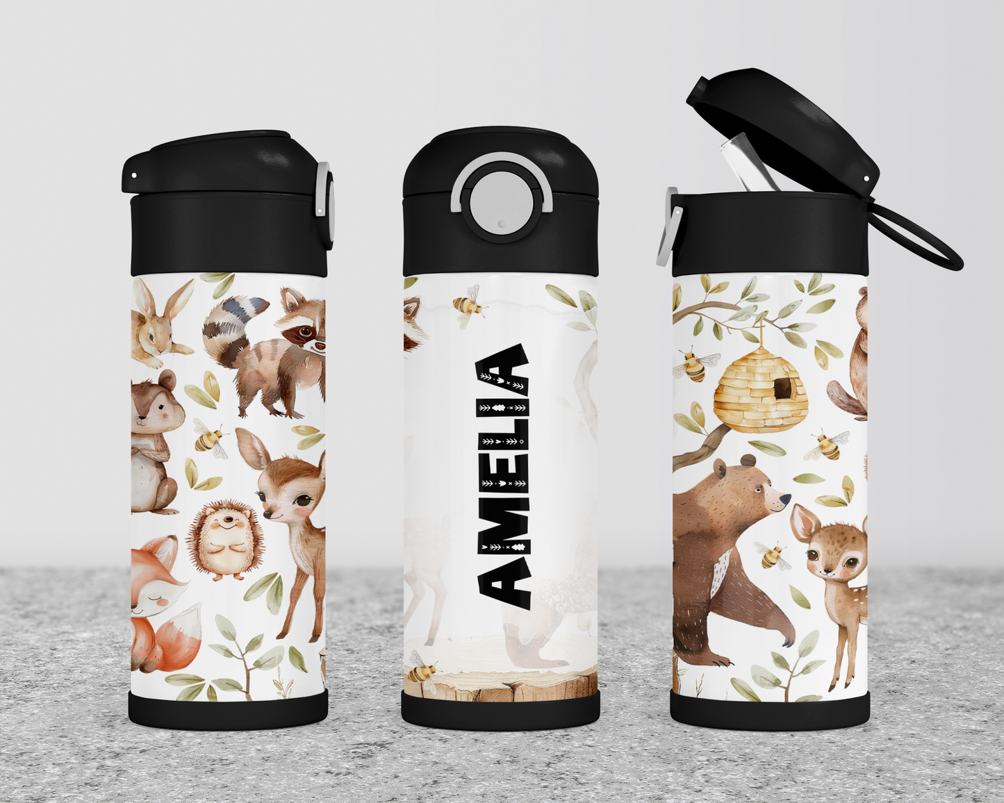 Personalized Woodland Theme Kids Water Bottle - 12oz Flip Top Hydration Bottle for School and On-the-Go Use