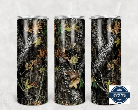 Camo 20oz Skinny Tumbler, Outdoorsy Gift for Hunter, To go cup with Lid and Straw, Iced Coffee Tumbler - Wild Outdoor Creations