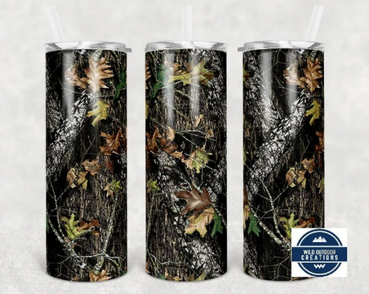 Camo 20oz Skinny Tumbler, Outdoorsy Gift for Hunter, To go cup with Lid and Straw, Iced Coffee Tumbler - Wild Outdoor Creations