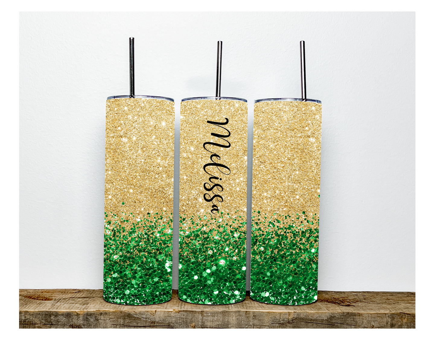 Green and Gold Faux Glitter Tumbler - Stylish Drinkware for Any Occasion