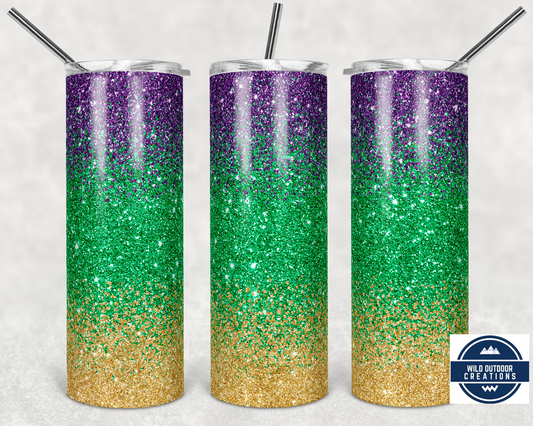 Purple Green and Gold Mardi Gras 20 oz Tumbler, To go cup with lid and straw, Iced Coffee Tumbler, Travel Coffee Mug - Wild Outdoor Creations