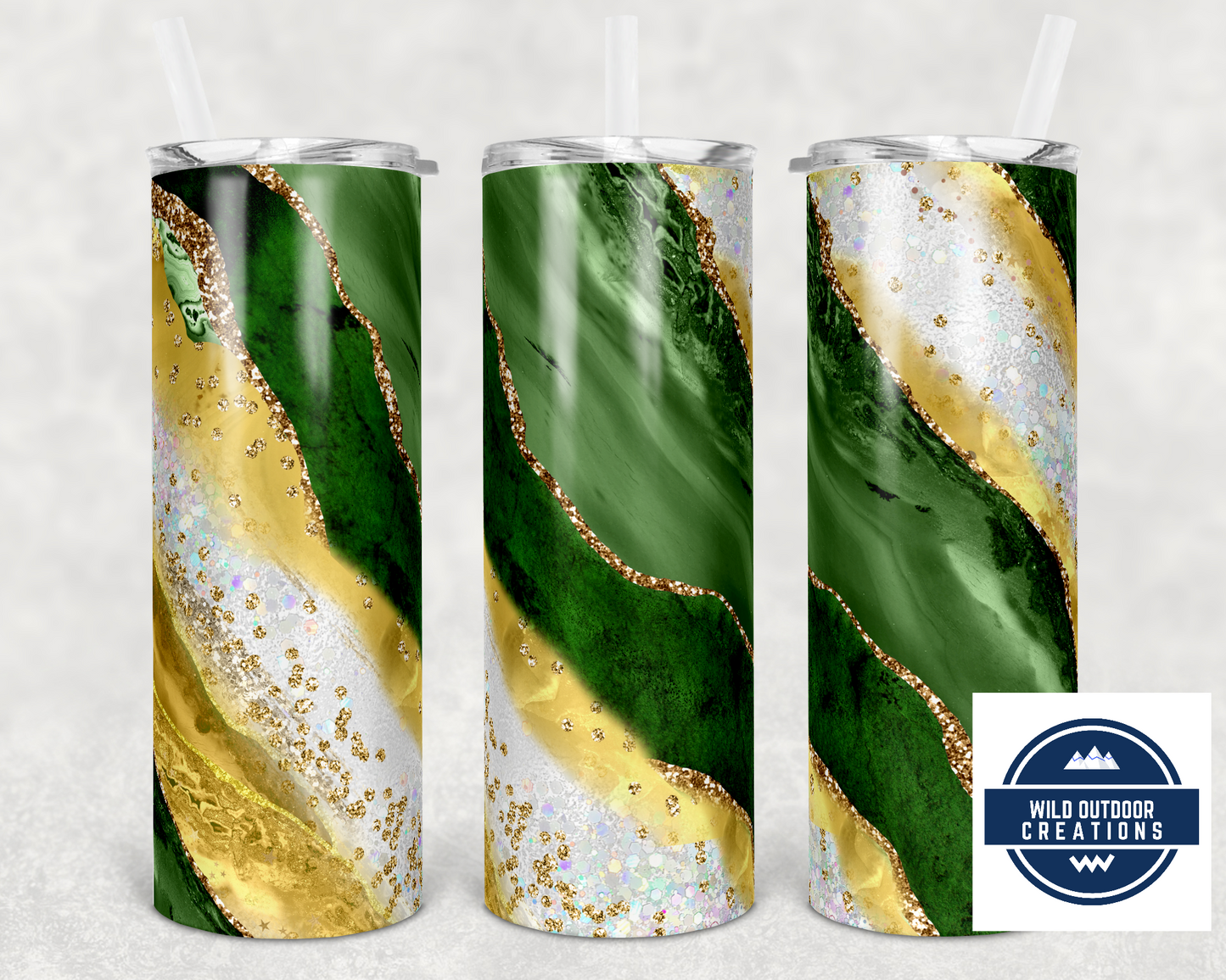 Green and Gold Milky Way 20 oz Tumbler, 20 oz Skinny Tumbler, To go cup with lid and straw, Iced Coffee Tumbler, Travel Coffee Mug - Wild Outdoor Creations