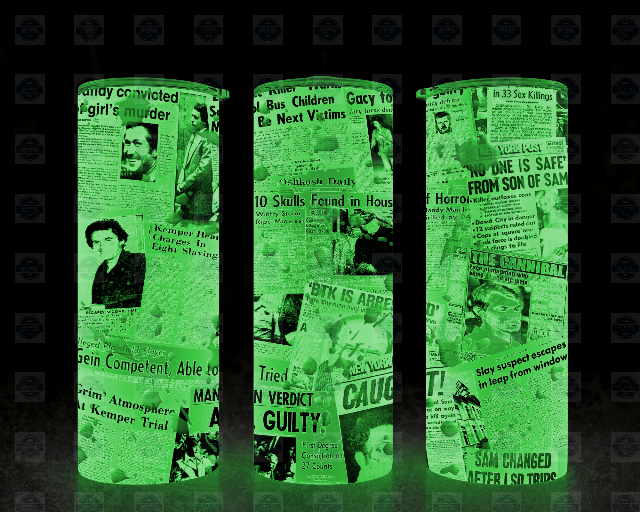 Glow-in-the-Dark Tumbler with Serial Killer Newspaper Clippings Includes Lid Straw