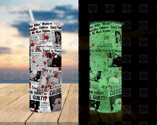 Glow-in-the-Dark Tumbler with Serial Killer Newspaper Clippings Includes Lid Straw