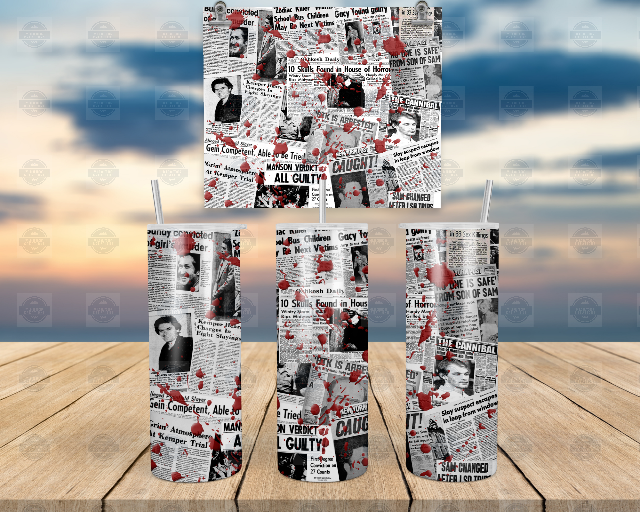 Glow-in-the-Dark Tumbler with Serial Killer Newspaper Clippings Includes Lid Straw