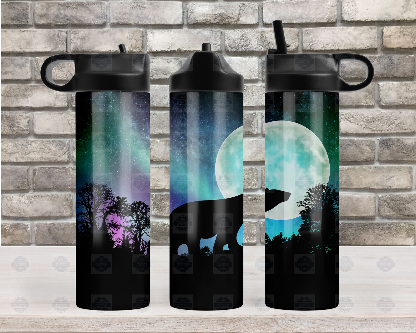 20oz Flip Top Water Bottle with Bear and Northern Lights Design