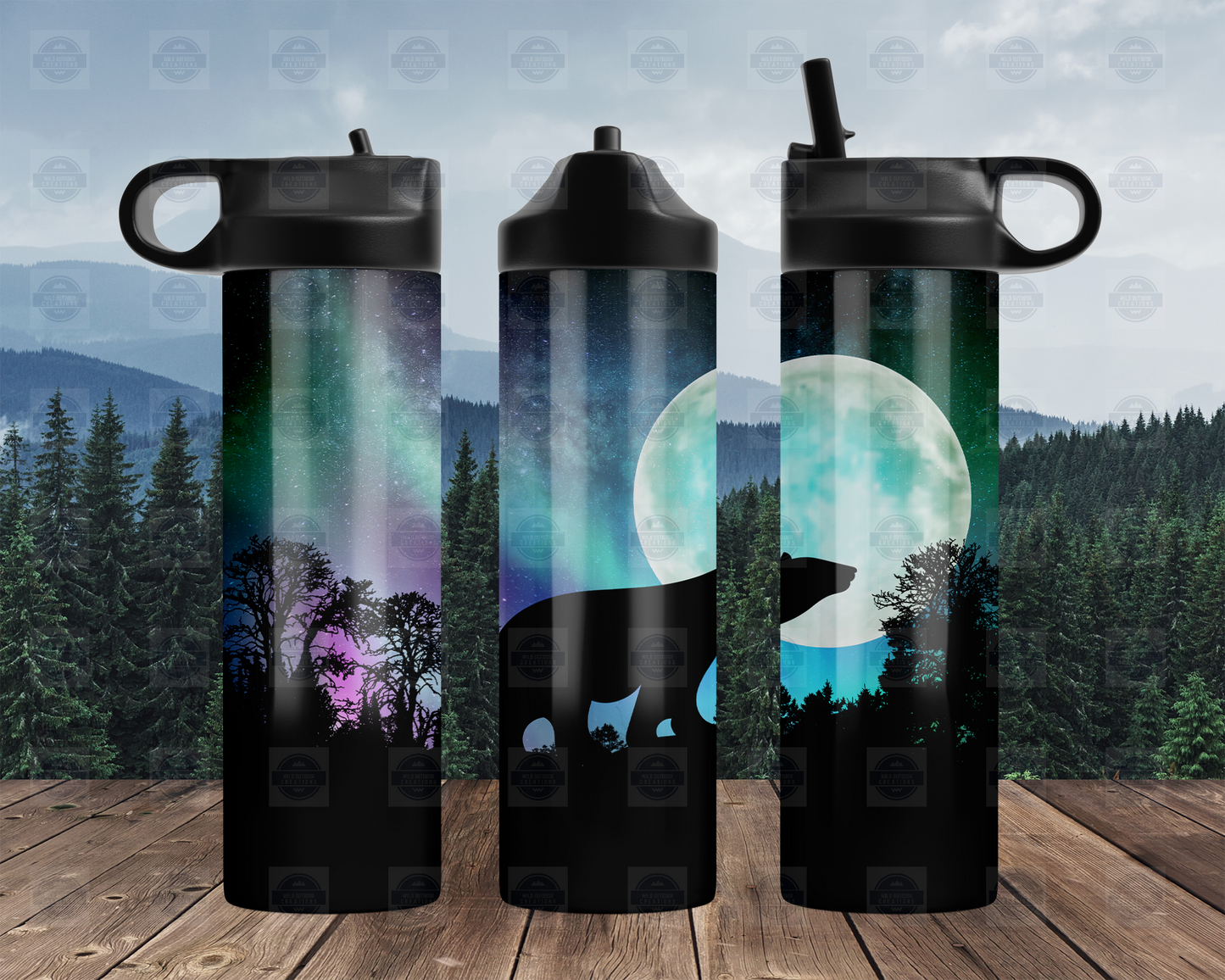 20oz Flip Top Water Bottle with Bear and Northern Lights Design