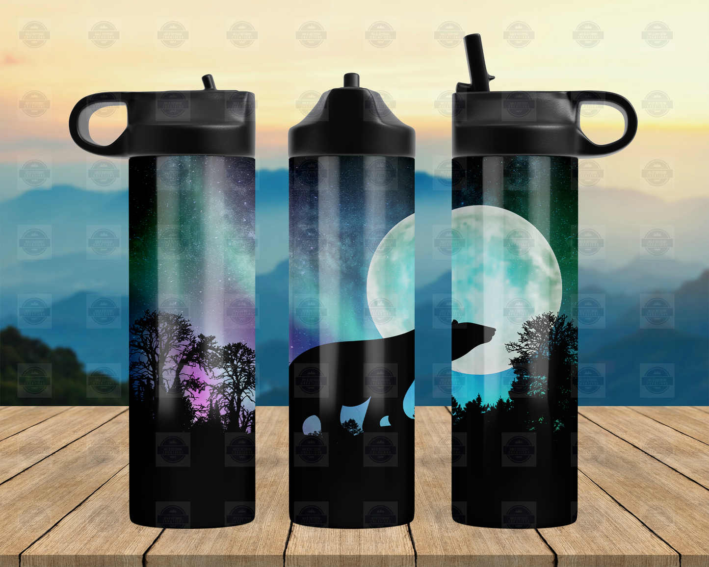 20oz Flip Top Water Bottle with Bear and Northern Lights Design