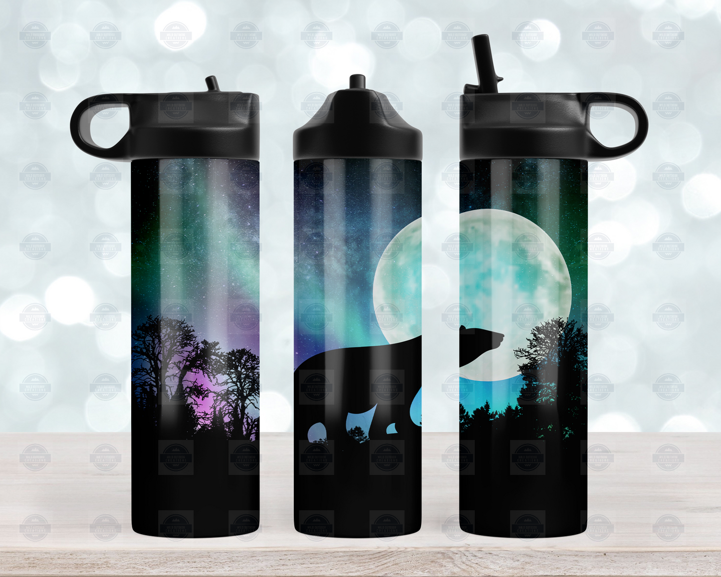 20oz Flip Top Water Bottle with Bear and Northern Lights Design
