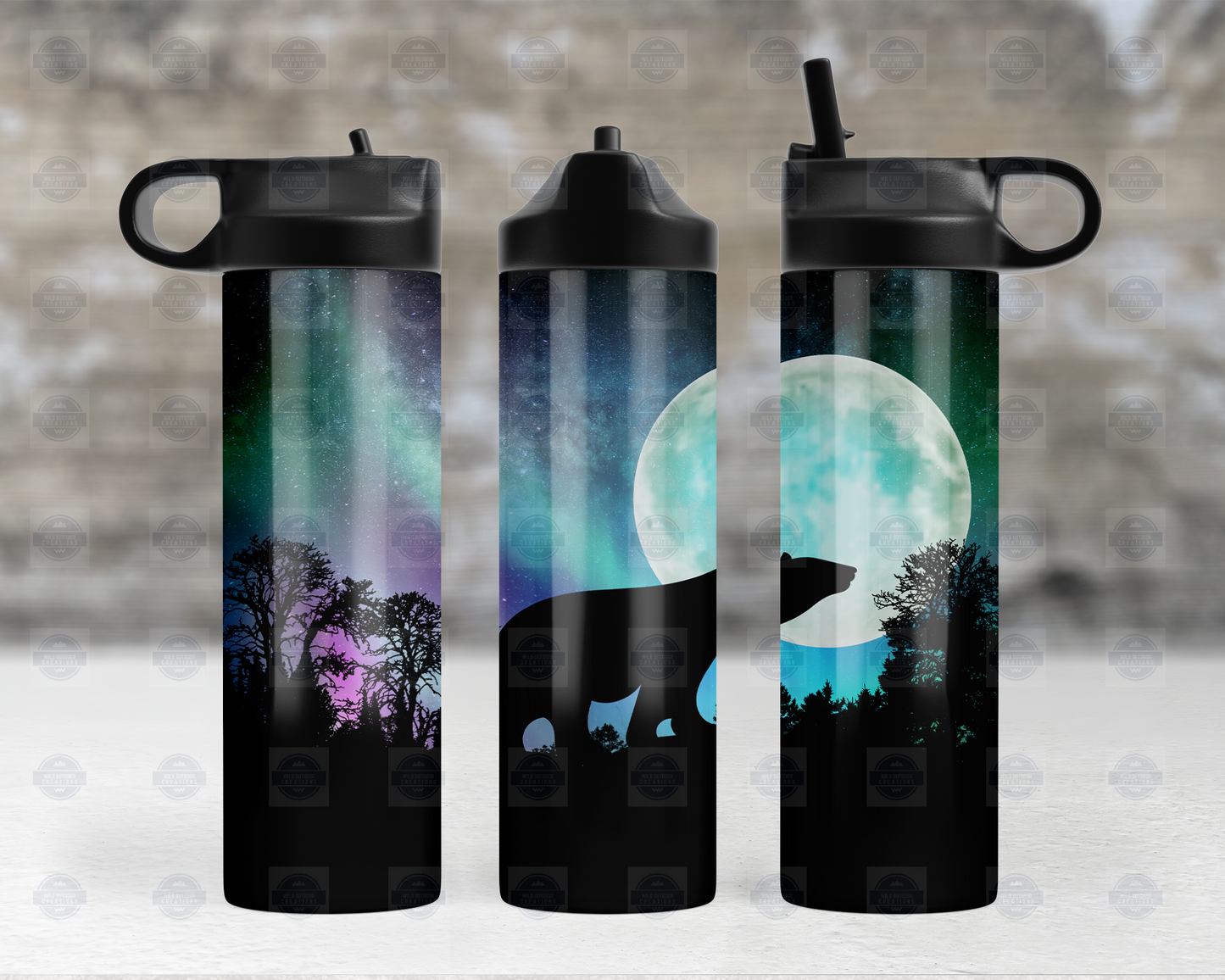 20oz Flip Top Water Bottle with Bear and Northern Lights Design