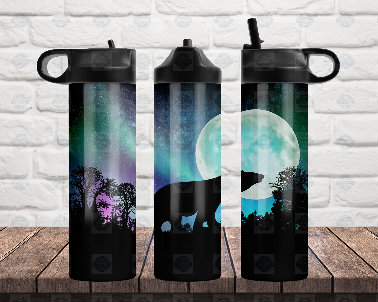 20oz Flip Top Water Bottle with Bear and Northern Lights Design