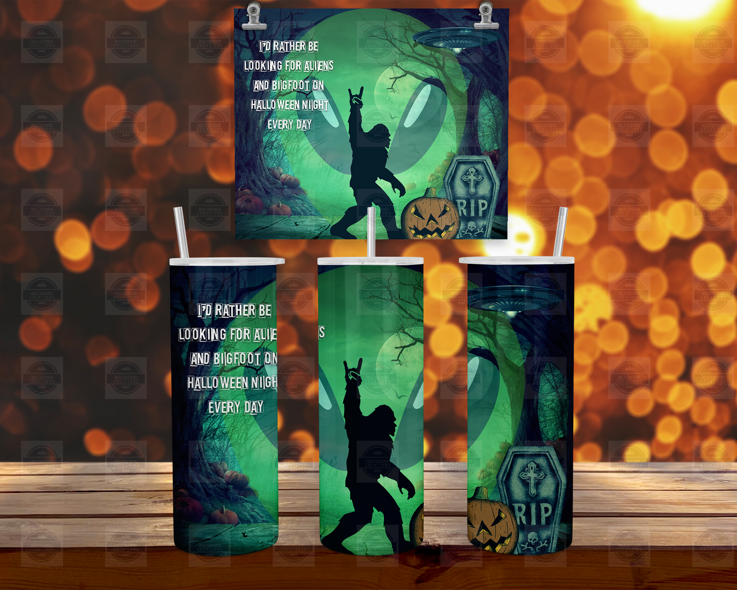 Bigfoot Alien 20oz Skinny Tumbler with Straw and Lid, Halloween Tumbler Cup