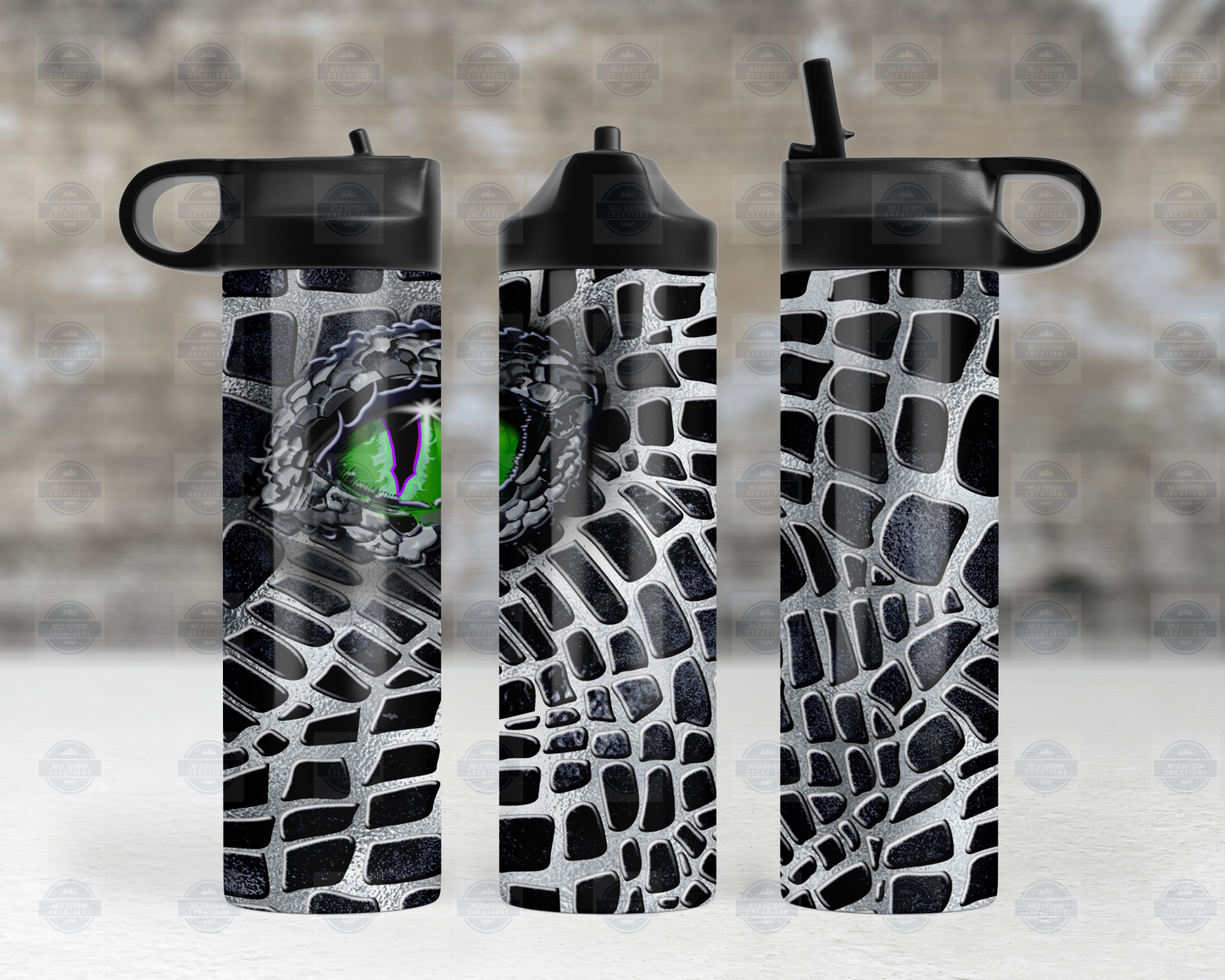 Black and Silver Dragon Eye 20oz Flip Top Water Bottle, Travel Water Bottle