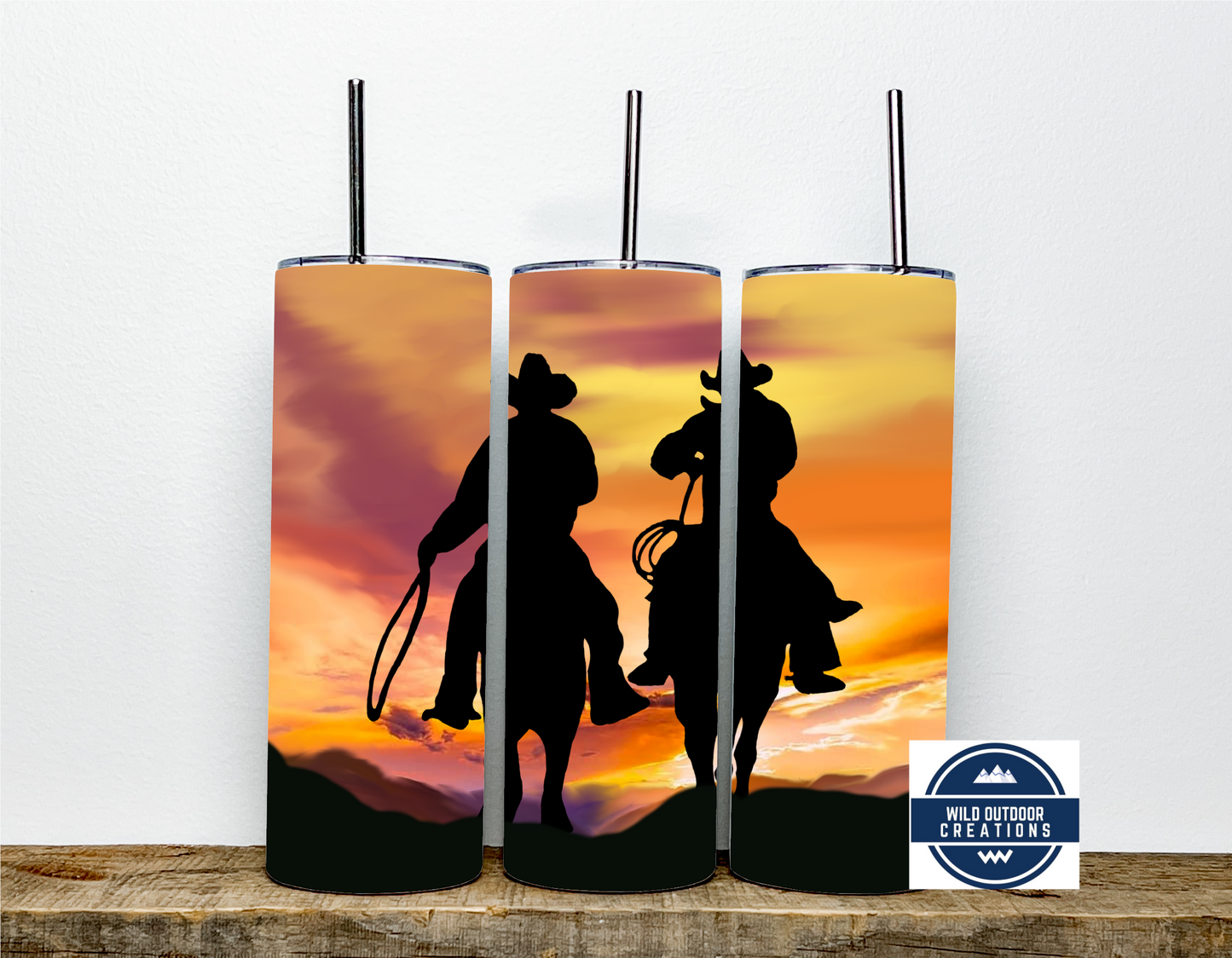 Cowboy Sunset 20oz Skinny Tumbler - Stylish Travel Mug for Outdoor Adventures and Camping