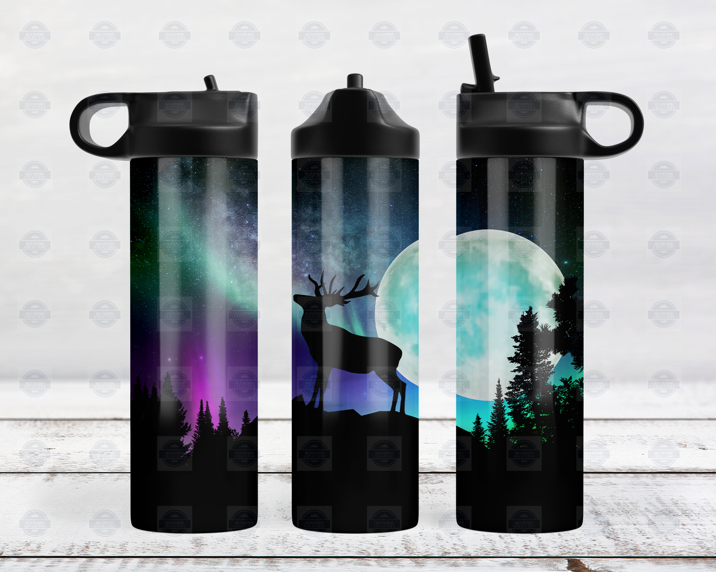20oz Flip Top Water Bottle with Deer Northern Lights Design