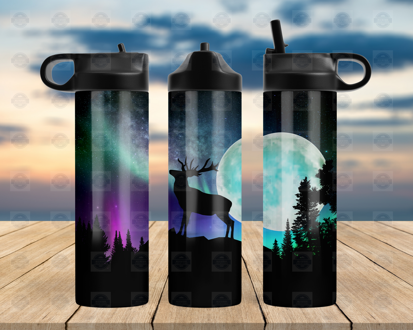 20oz Flip Top Water Bottle with Deer Northern Lights Design