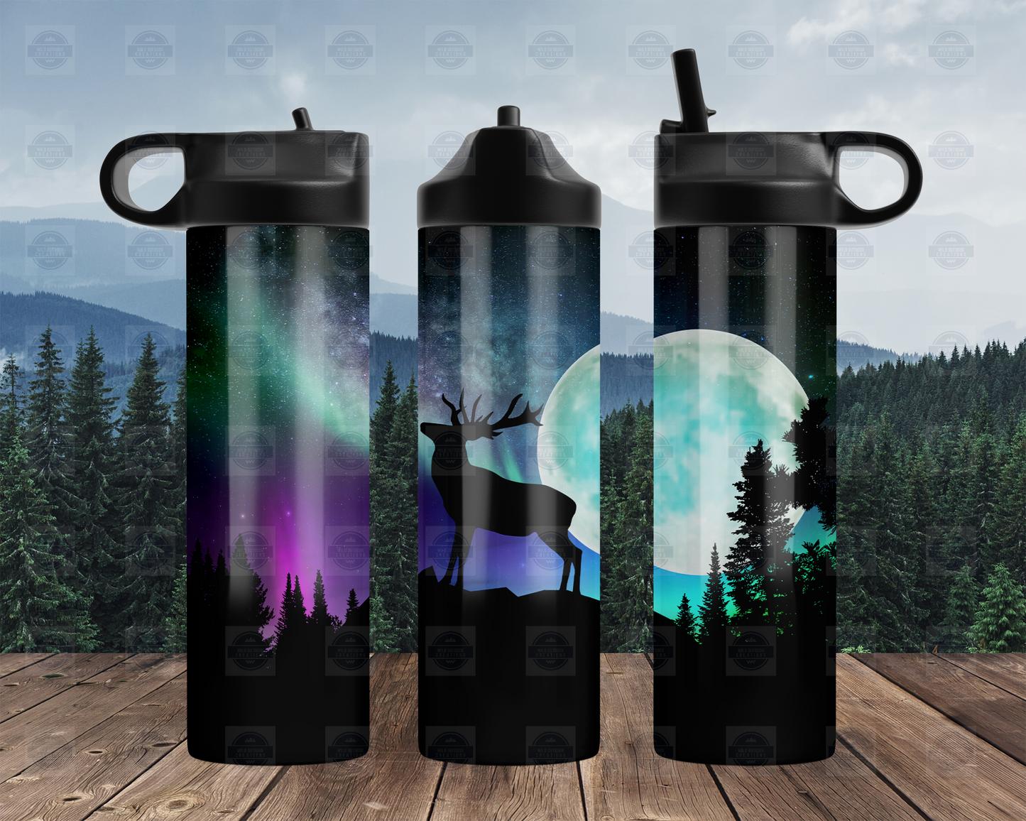 20oz Flip Top Water Bottle with Deer Northern Lights Design