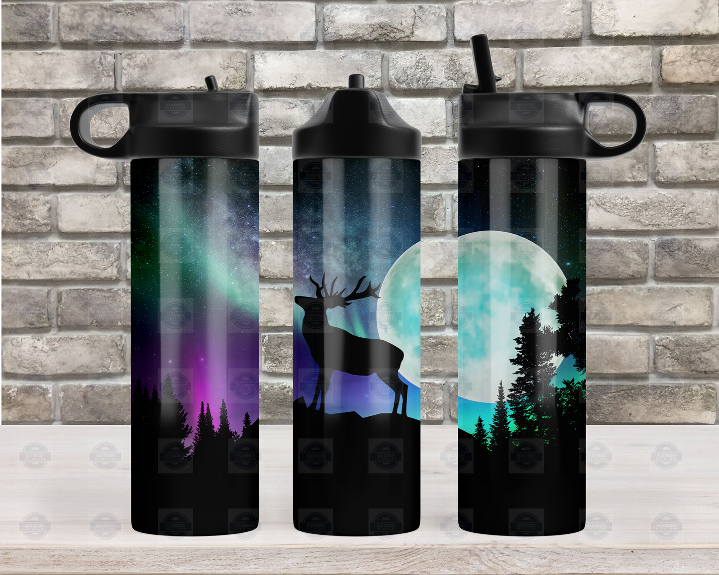 20oz Flip Top Water Bottle with Deer Northern Lights Design