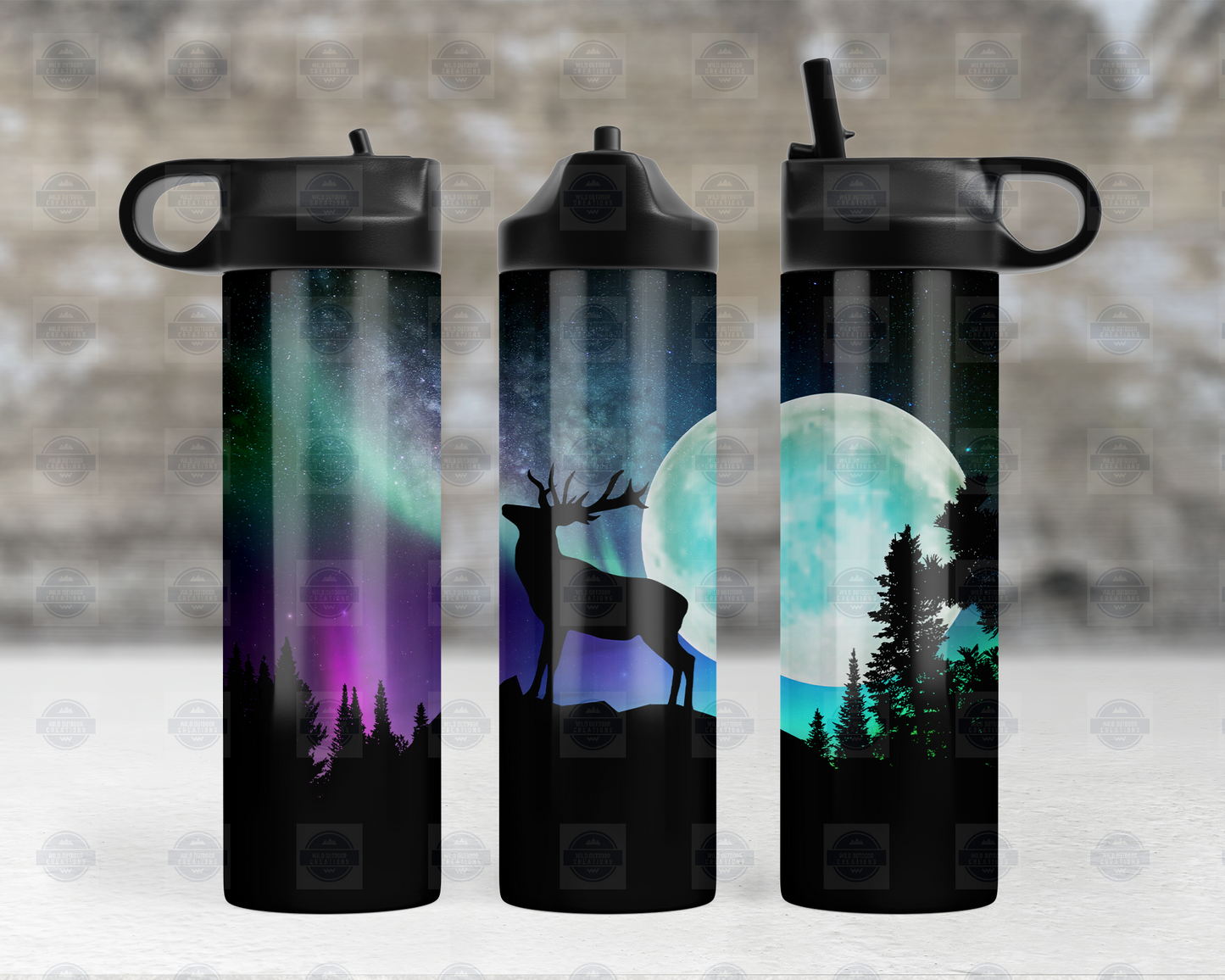 20oz Flip Top Water Bottle with Deer Northern Lights Design