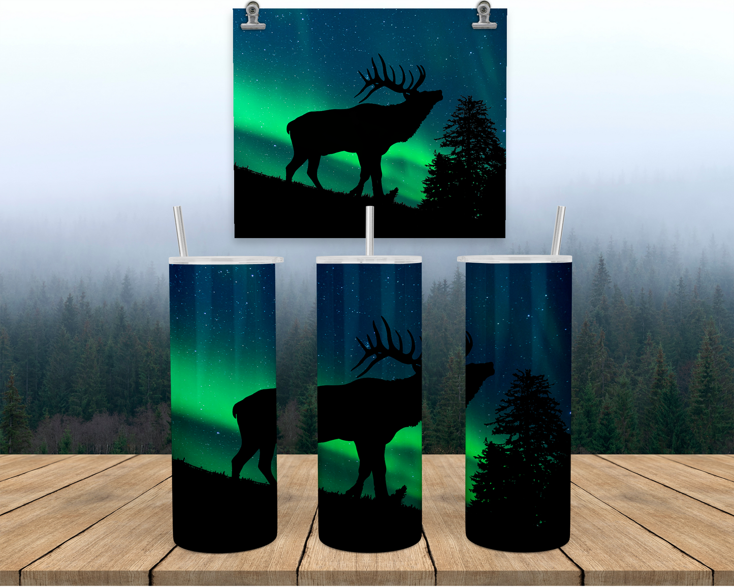Aurora Borealis Elk Travel Tumbler with Straw Lid - Perfect Coffee Cup for Outdoor Enthusiasts