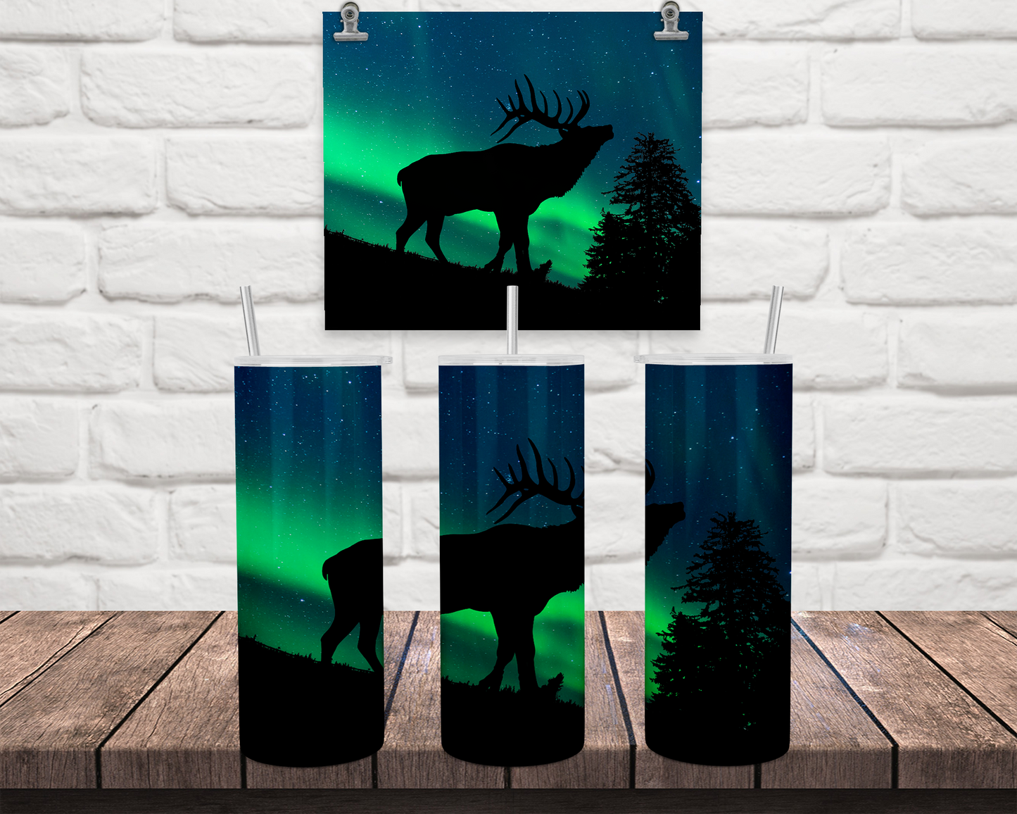 Aurora Borealis Elk Travel Tumbler with Straw Lid - Perfect Coffee Cup for Outdoor Enthusiasts