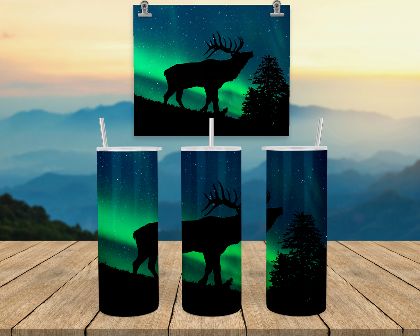 Aurora Borealis Elk Travel Tumbler with Straw Lid - Perfect Coffee Cup for Outdoor Enthusiasts