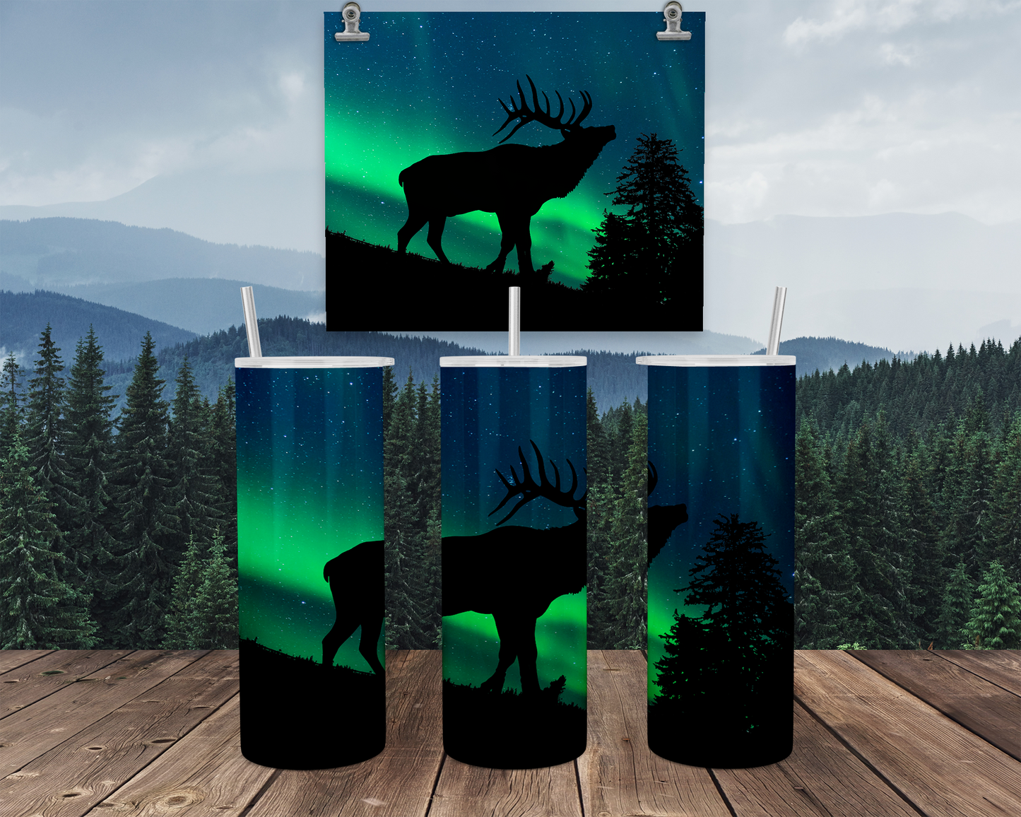 Aurora Borealis Elk Travel Tumbler with Straw Lid - Perfect Coffee Cup for Outdoor Enthusiasts