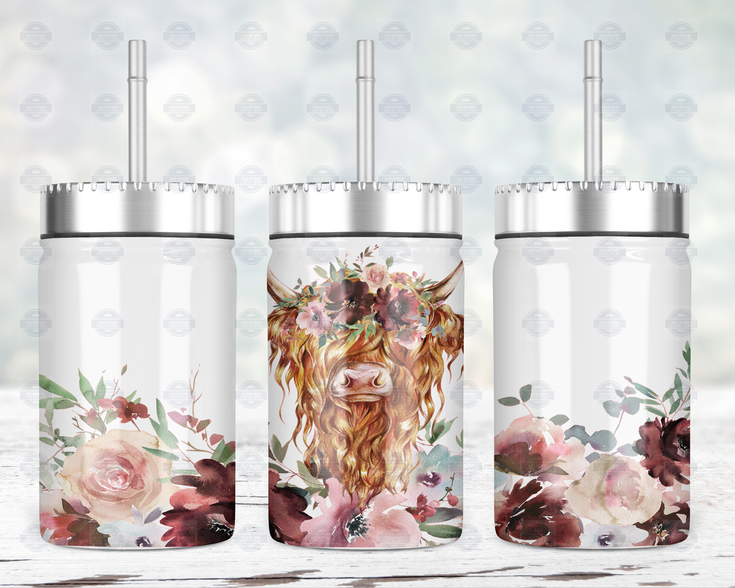 Highland Cow Mason Jar with Straw Lid - Fall Floral Design