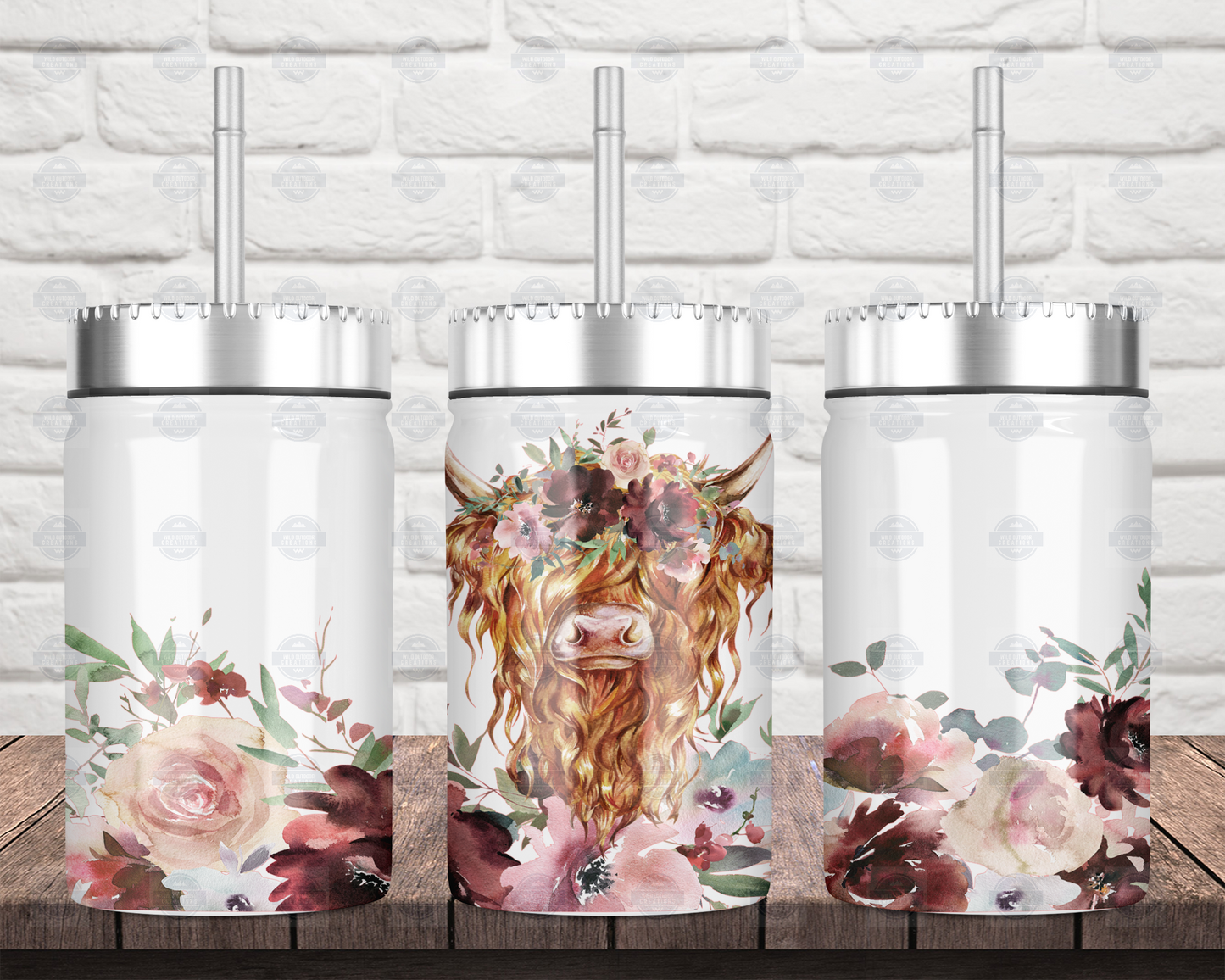 Highland Cow Mason Jar with Straw Lid - Fall Floral Design