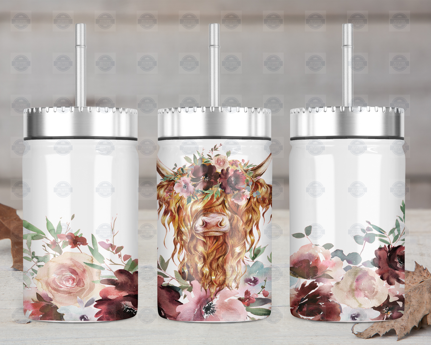 Highland Cow Mason Jar with Straw Lid - Fall Floral Design