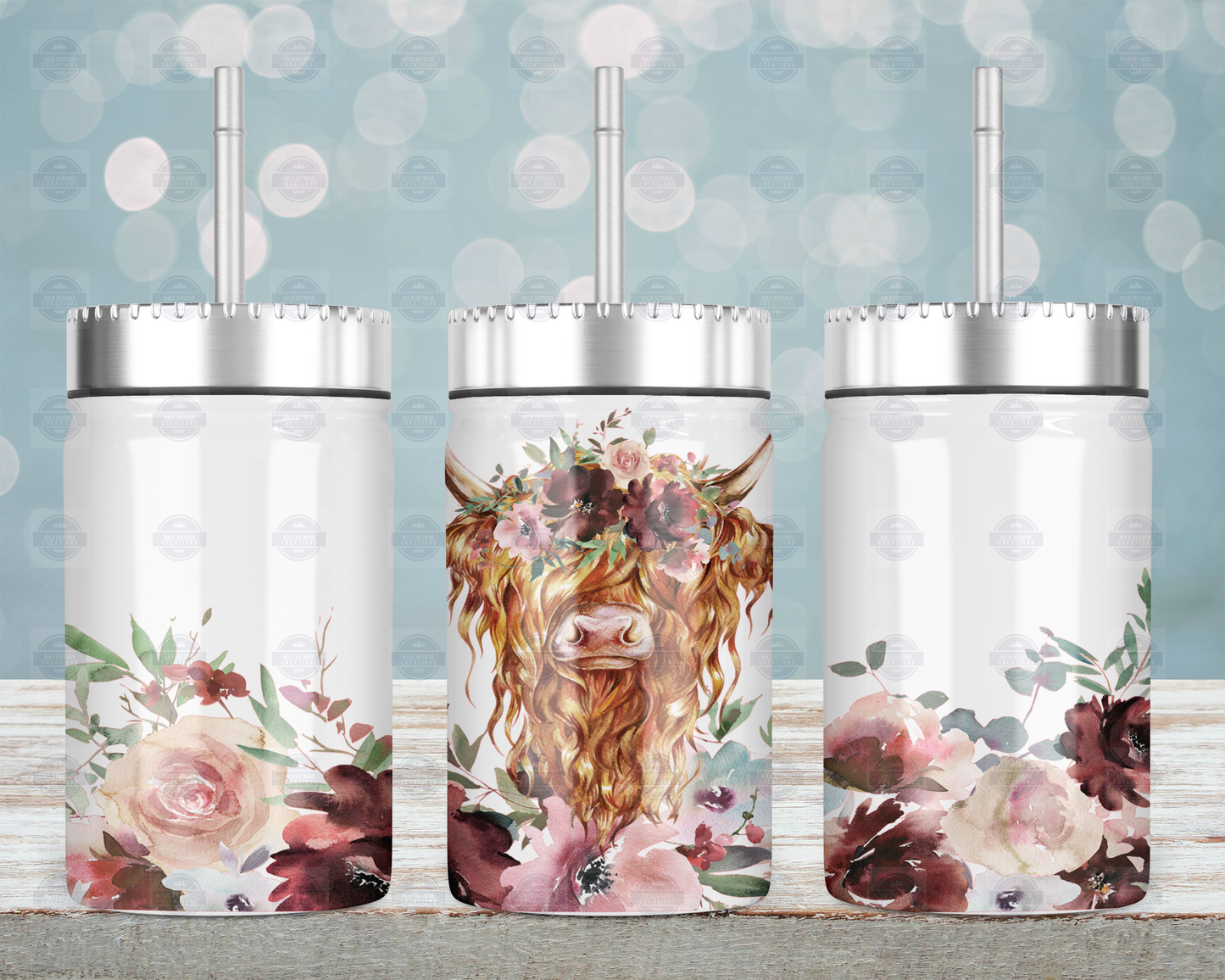 Highland Cow Mason Jar with Straw Lid - Fall Floral Design