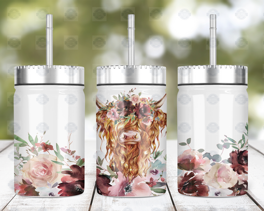 Highland Cow Mason Jar with Straw  Lid - Fall Floral Design