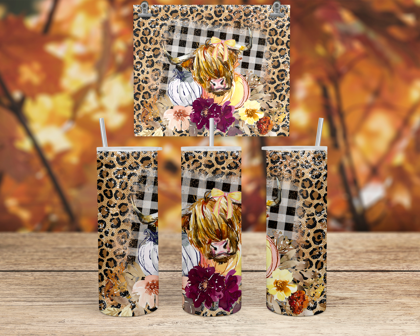 Boho Highland Cow Tumbler Cup with Lid and Straw, Travel Coffee Tumbler for Her, Country Girl Gifts